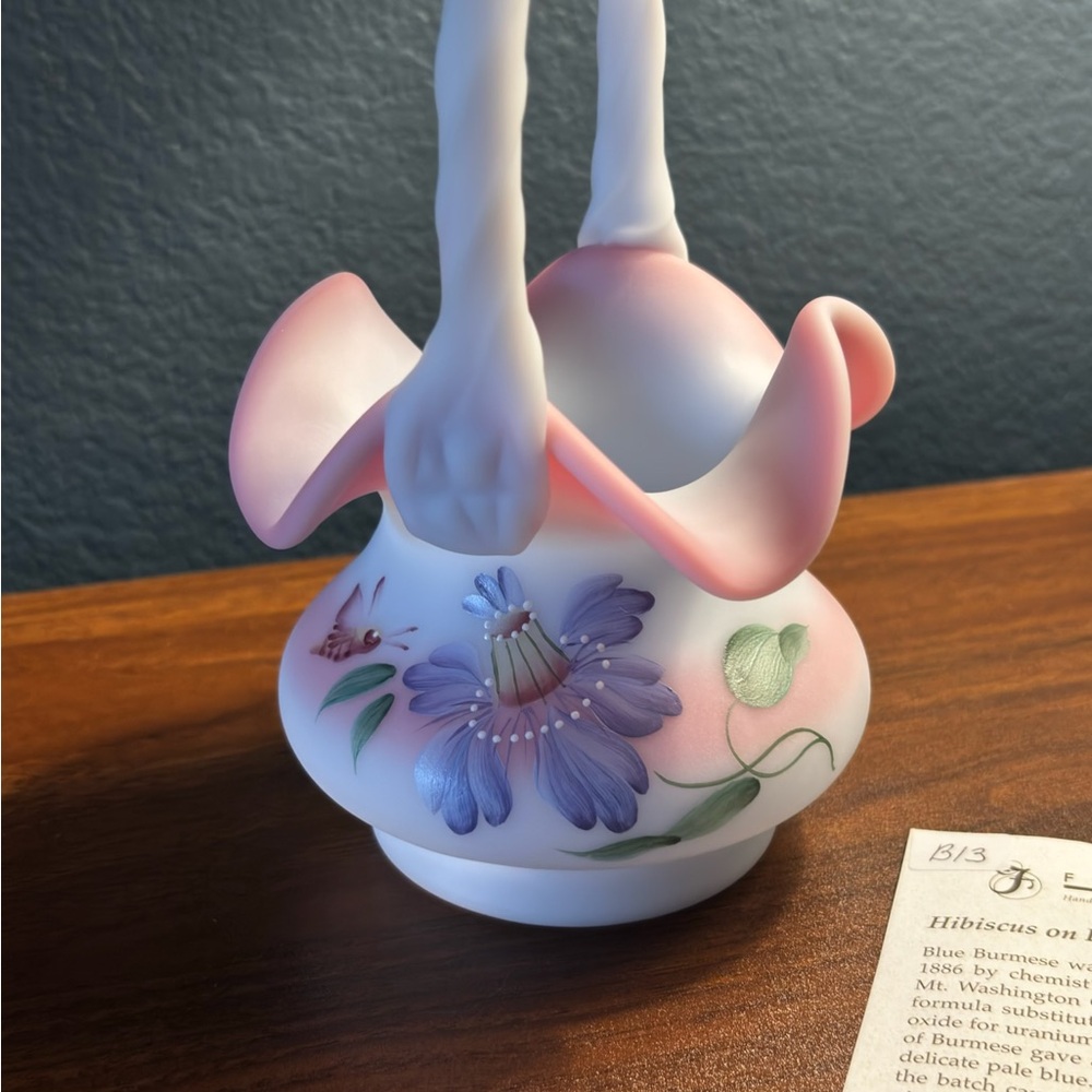 Fenton Blue Burmese Satin Hand-Painted Floral Glass Basket 261/2500